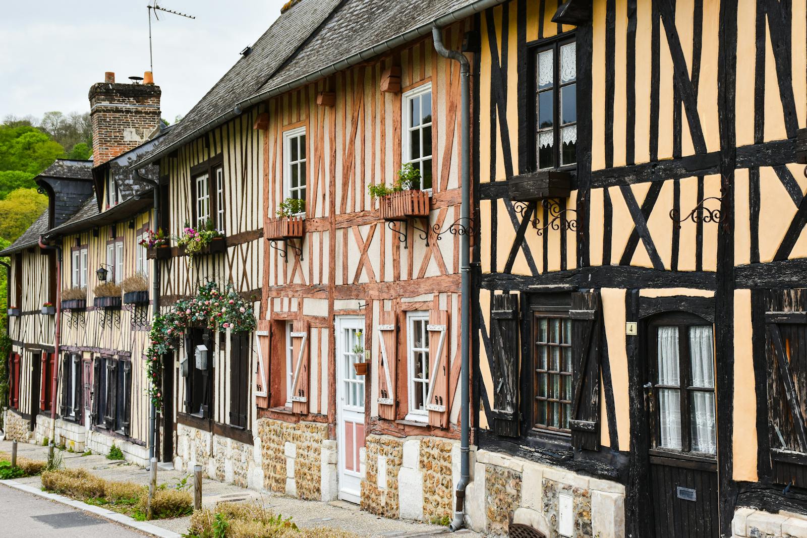 Half-timbered houses in a quaint Normandy street near Giverny