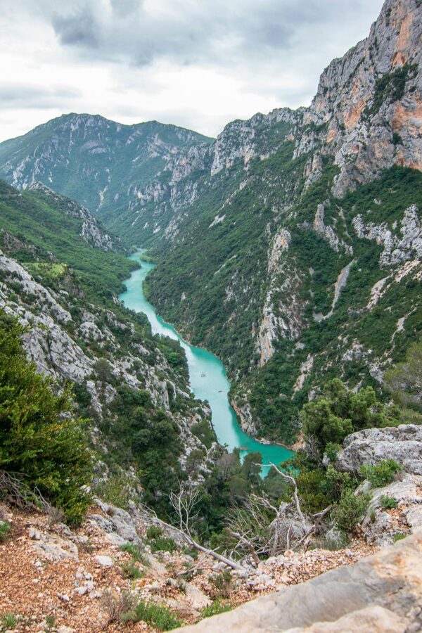 Winding turquoise river surrounded by lush greenery in the Gorges du Verdon