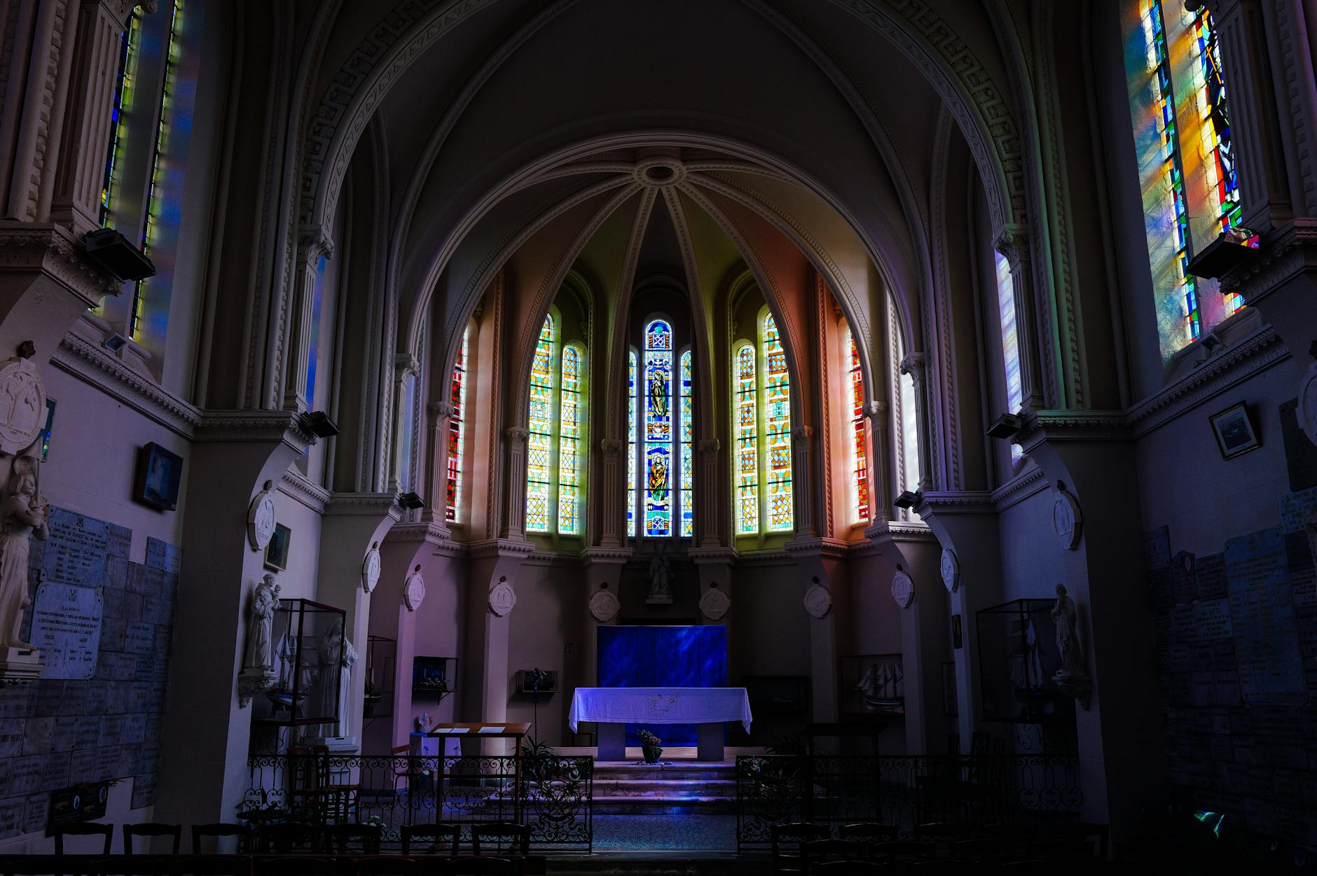 Gothic cathedral interior architecture with stained glass