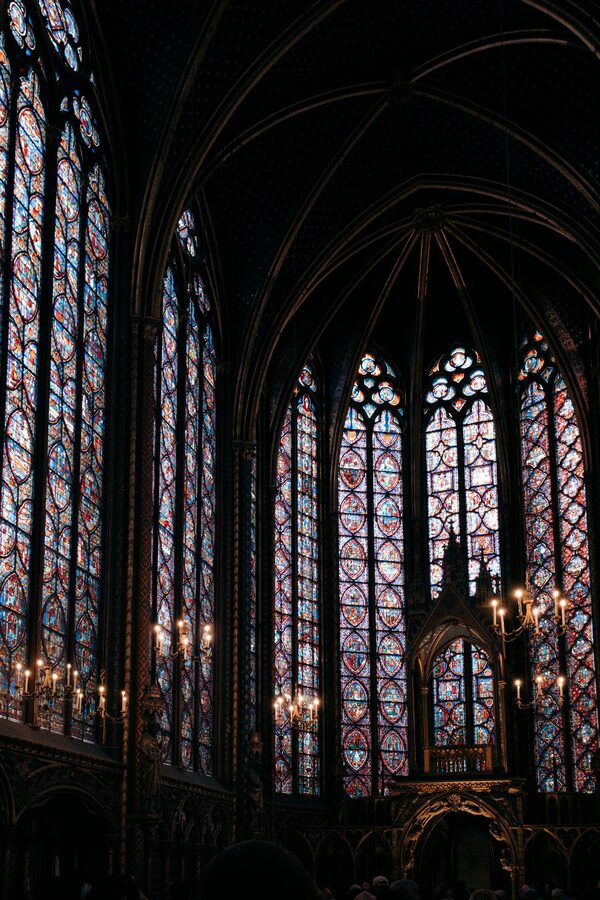 Gothic stained glass windows in a cathedral