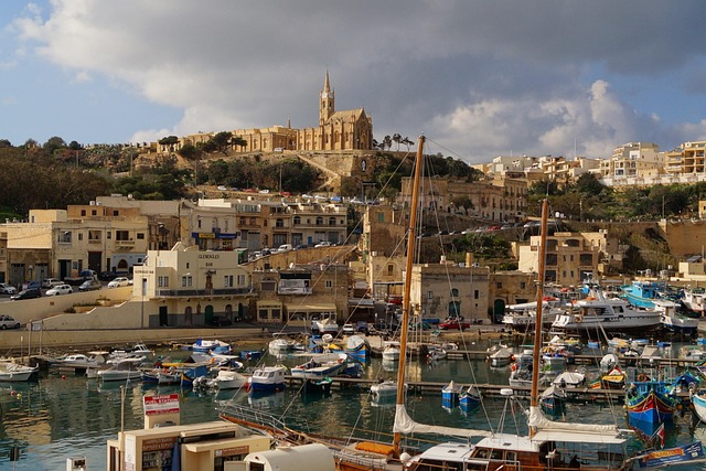 Gozo Mgarr harbour with boats on the Mediterranean