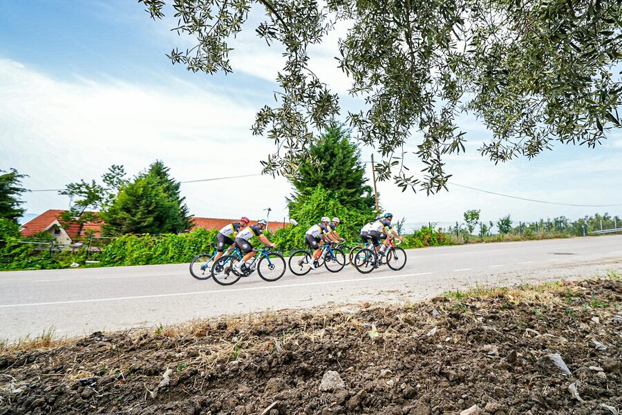 Group of cyclists riding on a clear day