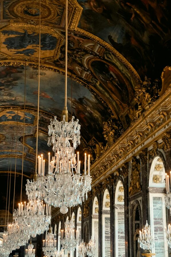 Baroque chandeliers in a grand hall
