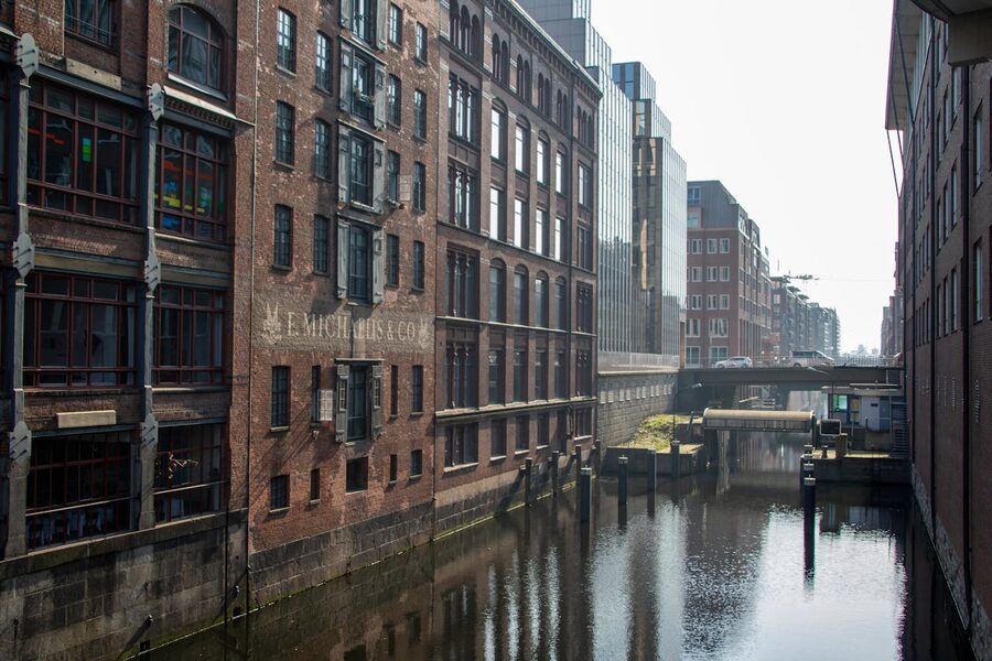 Historic brick architecture along a canal in Hamburg