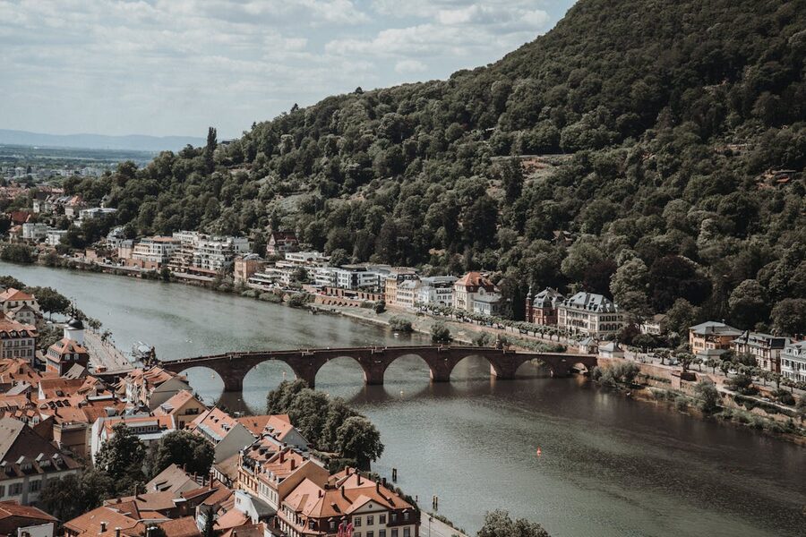 Historic Heidelberg bridge at sunset