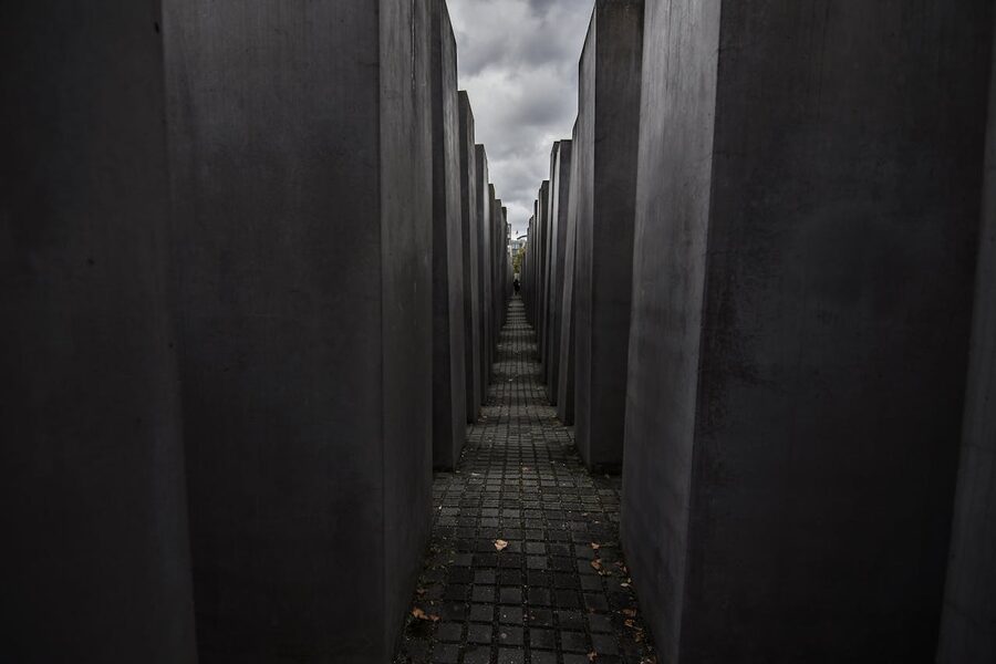 Holocaust Memorial concrete blocks against dramatic sky