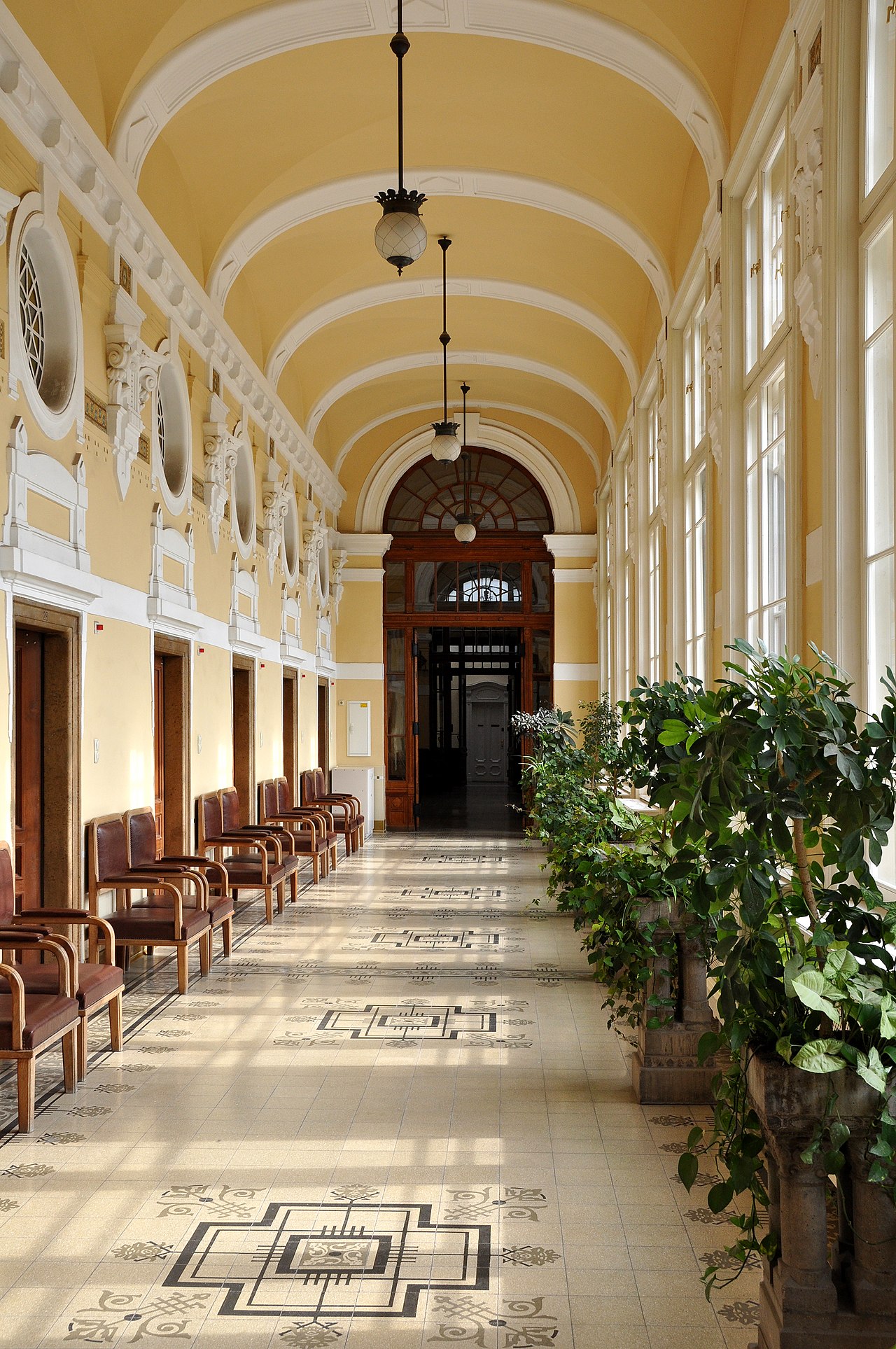 Bird eye view of the outdoor pools at Széchenyi Thermal Bath showing the circular pool layout