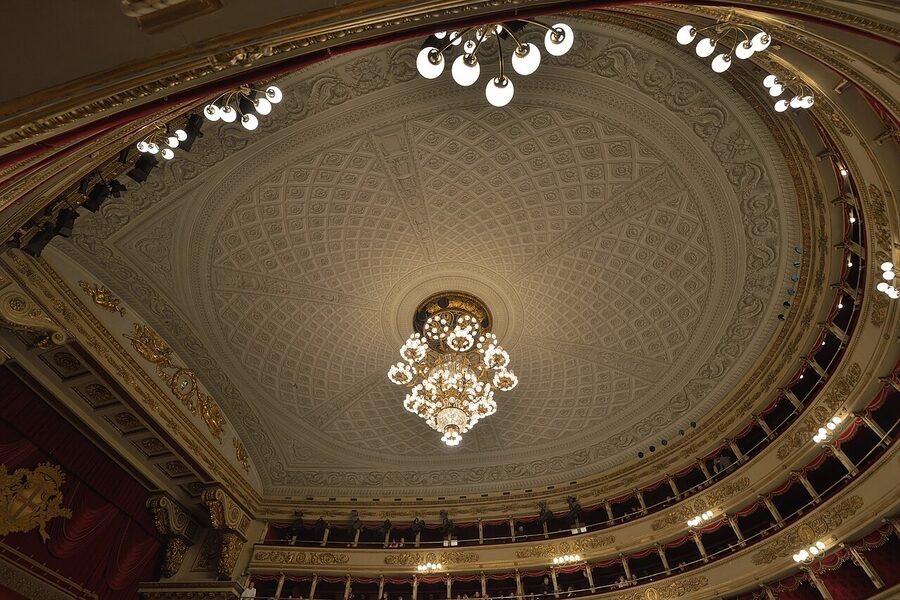 Teatro alla Scala ceiling with ornate chandelier