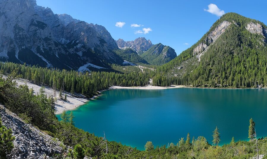 Lago di Braies with mountain reflection