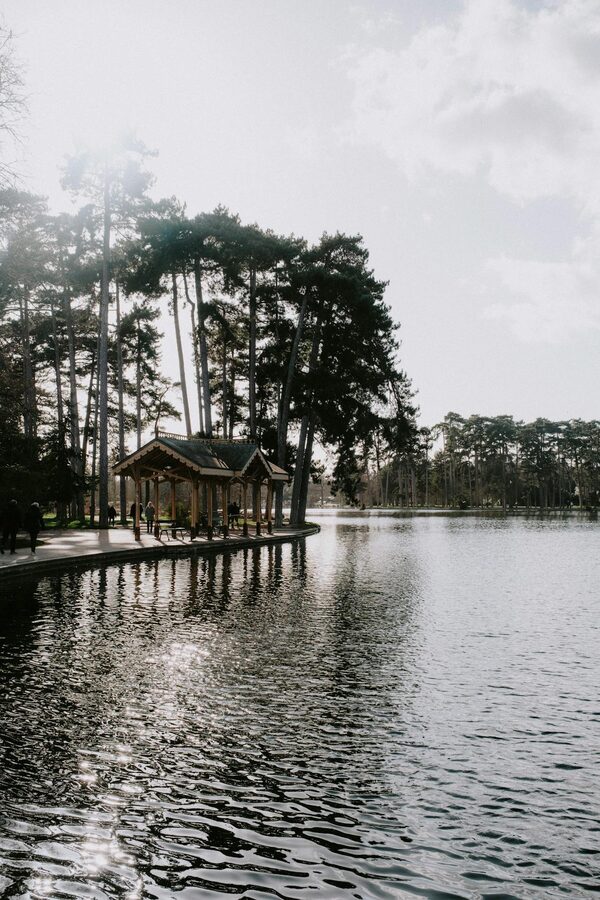 Lake with trees and pavilion in Paris park