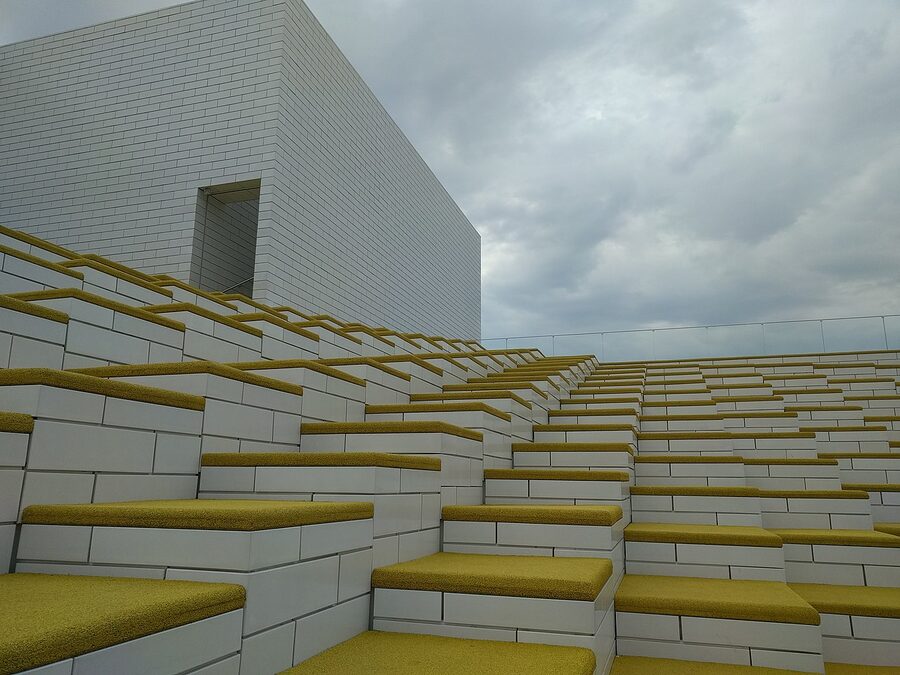 The LEGO House experience centre in Billund Denmark with its distinctive stacked-brick architecture