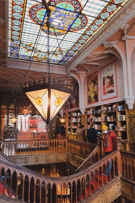 Interior view of Livraria Lello bookshop with ornate carved details