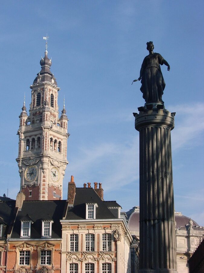 The Goddess column statue with the belfry in Lille France