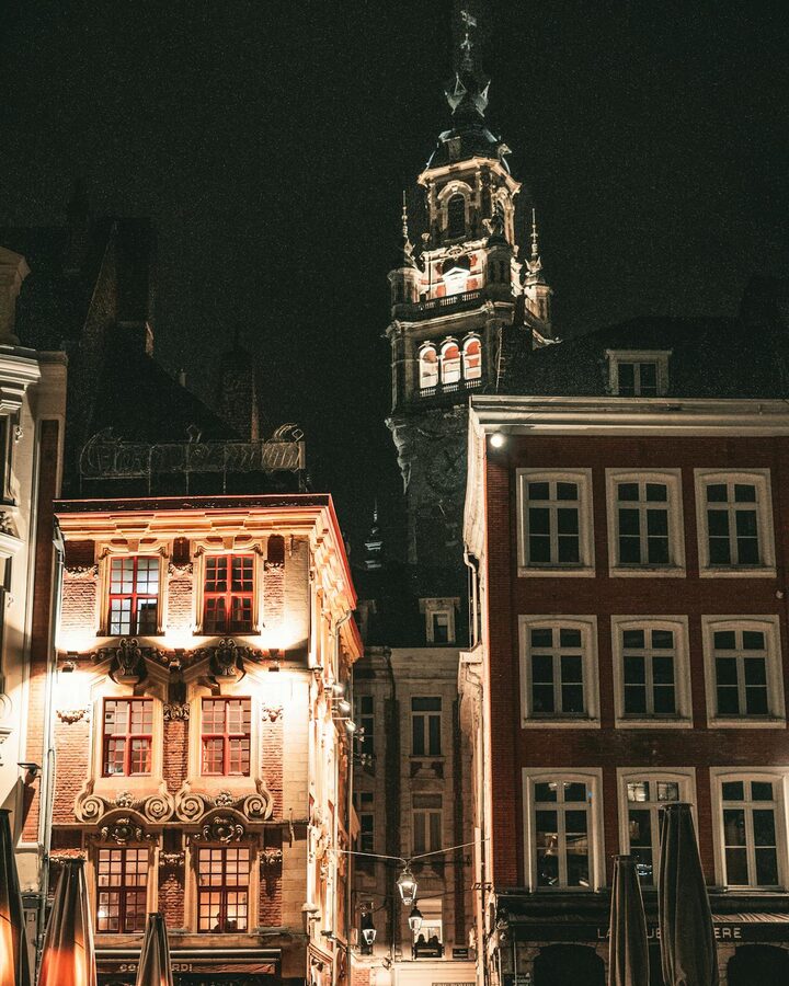 Night view of illuminated historic buildings and bell tower in Lille