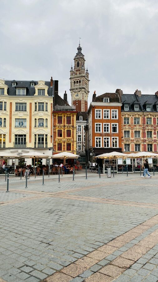 Colourful buildings and prominent belfry in Lille old town