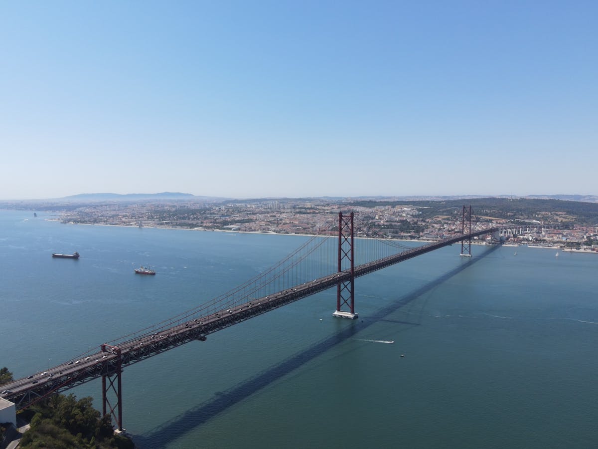 Aerial view of the 25 de Abril Bridge spanning the Tagus River