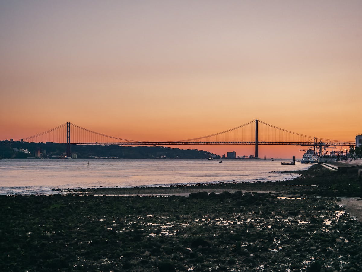 Sunset panorama of the 25 de Abril Bridge reflected in the Tagus River