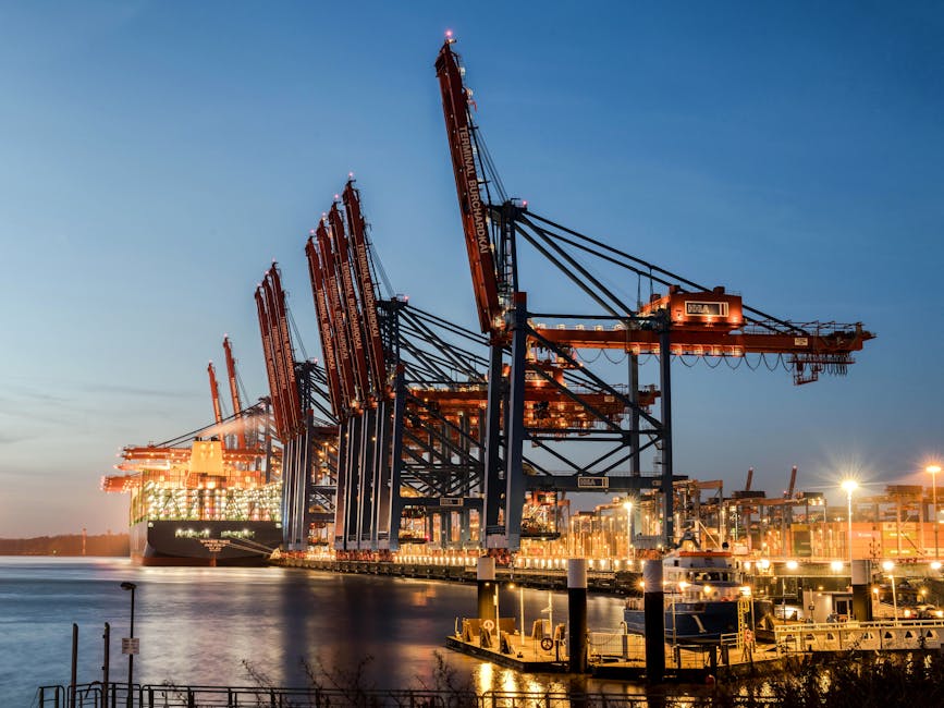 Industrial port scene Hamburg illuminated