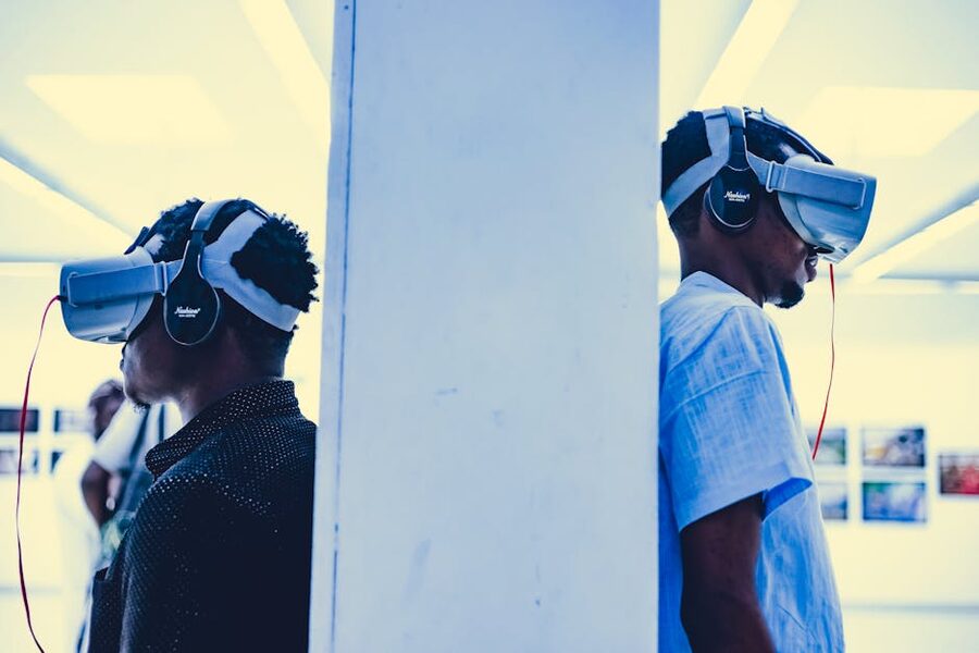 Adults wearing VR headsets indoor exhibition