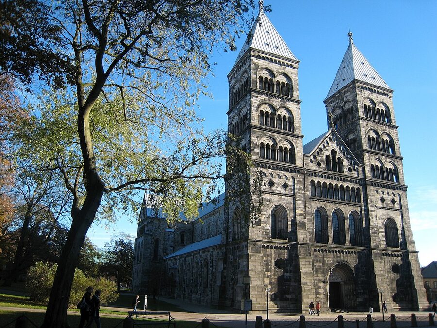 Lund Cathedral with its twin Romanesque towers dating from the 12th century in Lund Sweden