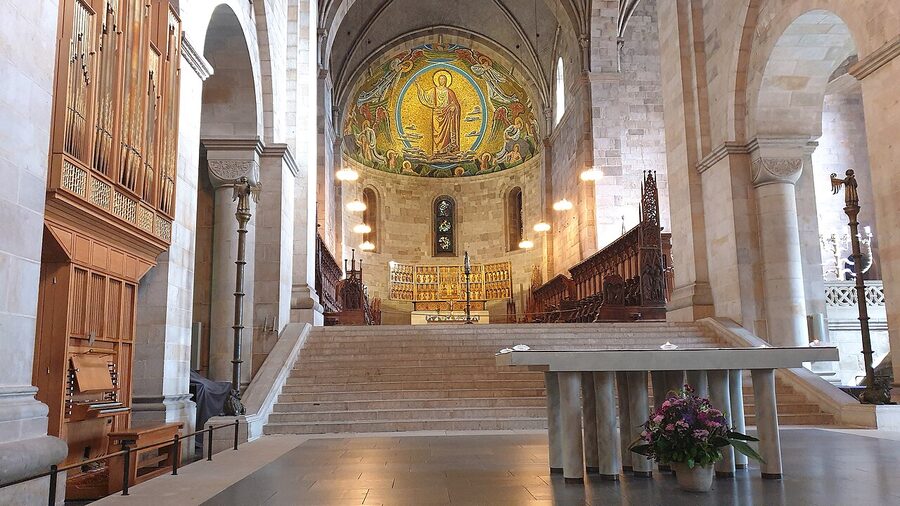 Interior view of Lund Cathedral showing the altar and medieval mosaics in Lund Sweden