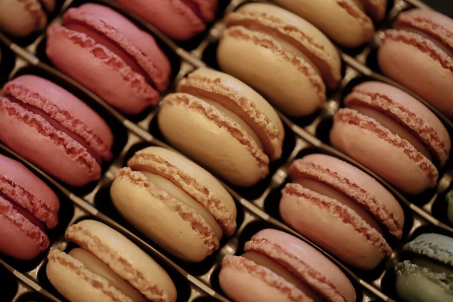 Assorted colourful macarons in a gift box