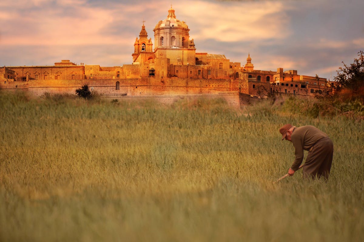 Mdina Cathedral viewed from the countryside at sunset