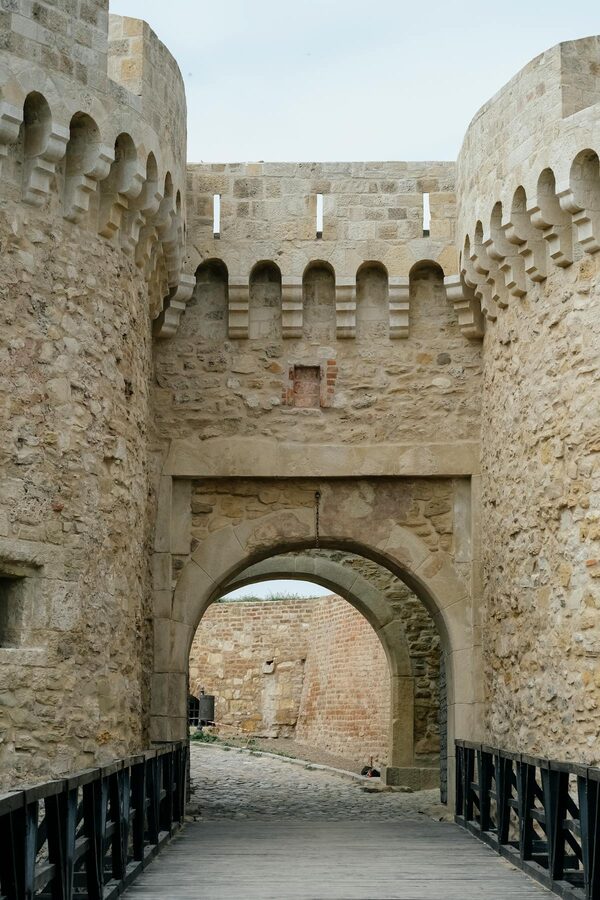 Medieval fortress gate with stone walls