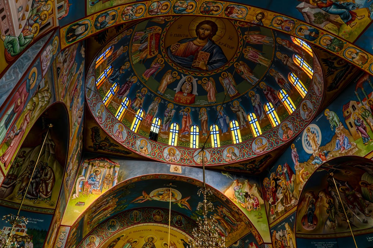 Byzantine-style frescoes and architecture in a Greek church
