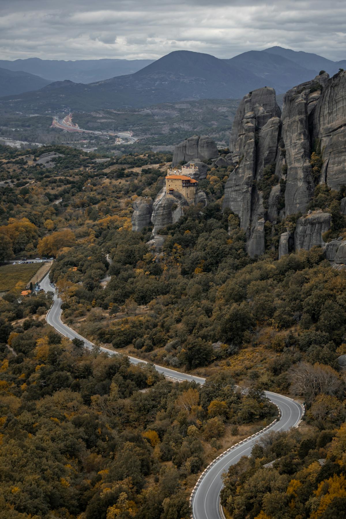 Aerial view of Meteora monasteries amidst autumn landscape