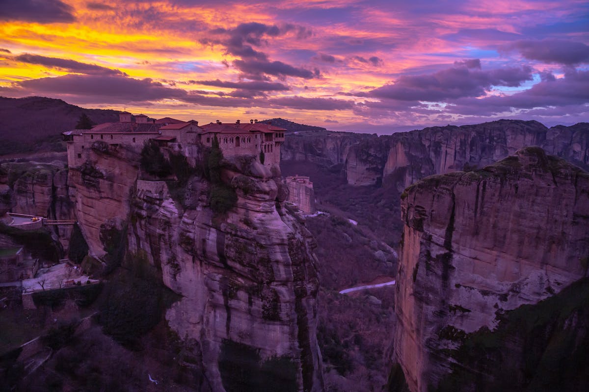 Meteora Monastery in Kalabaka at sunset