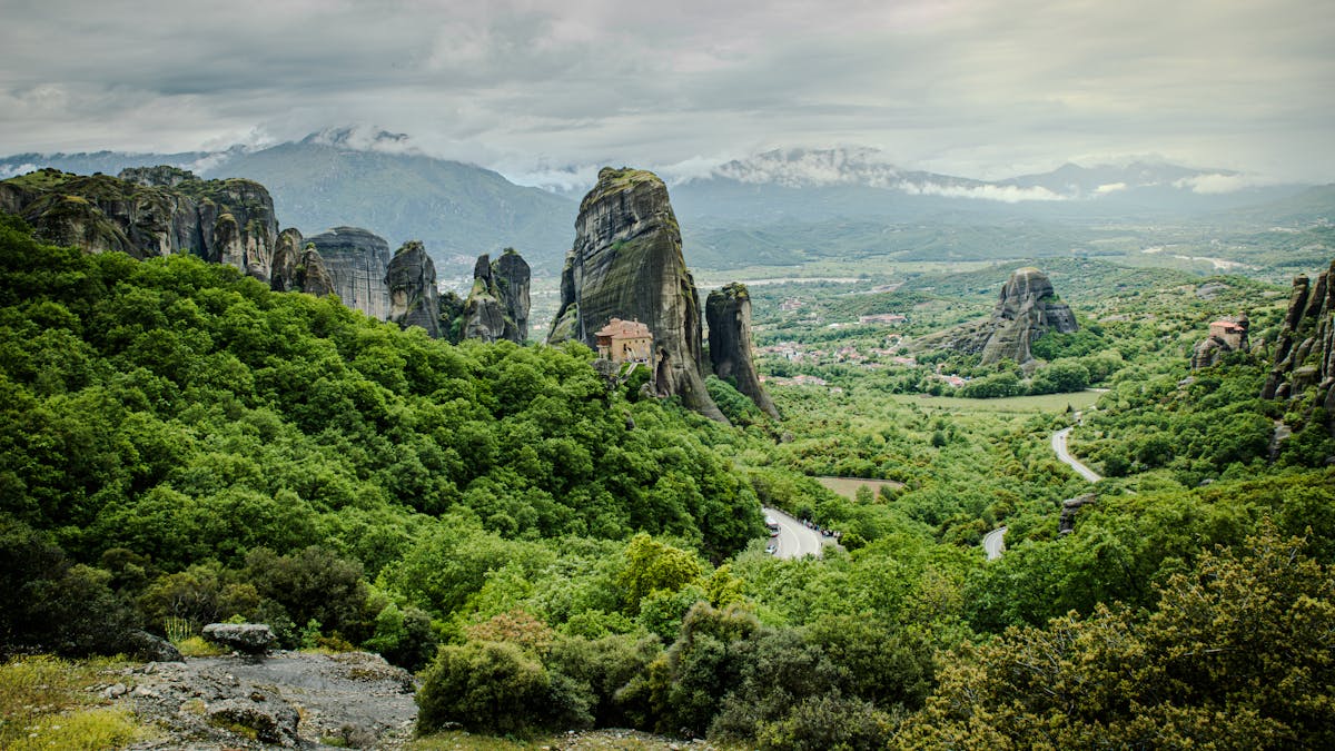 Panoramic view of Meteora rock formations and monasteries