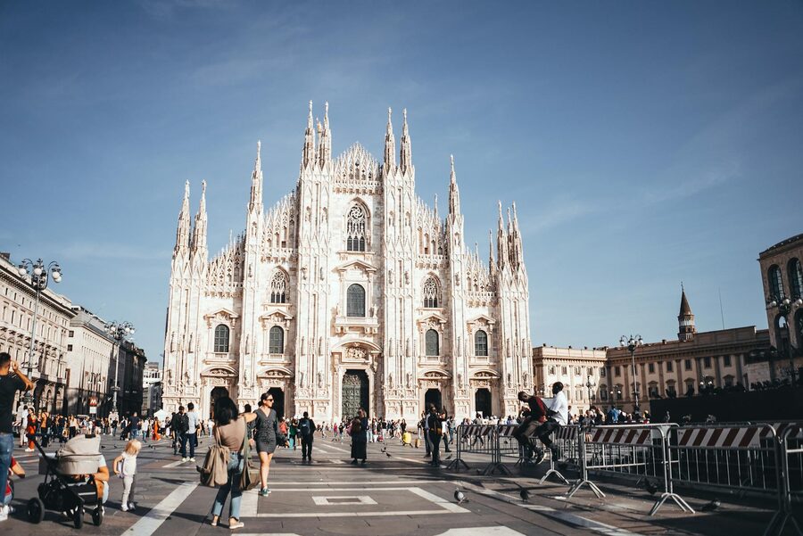 Milan Cathedral in lively city square