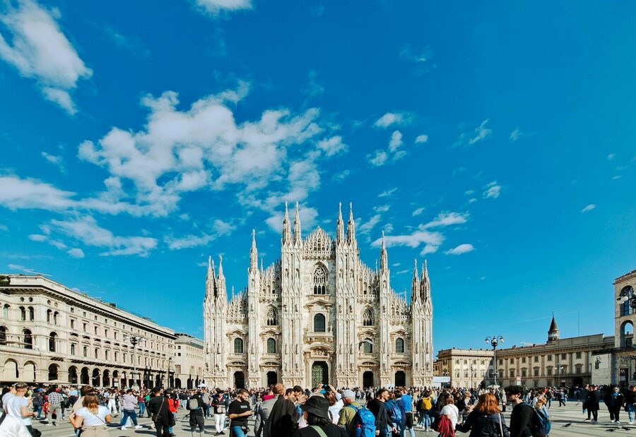 Milan Cathedral with crowd on Piazza del Duomo