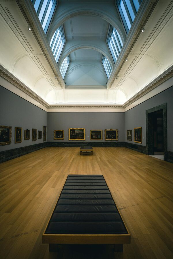 Modern art gallery interior with white walls