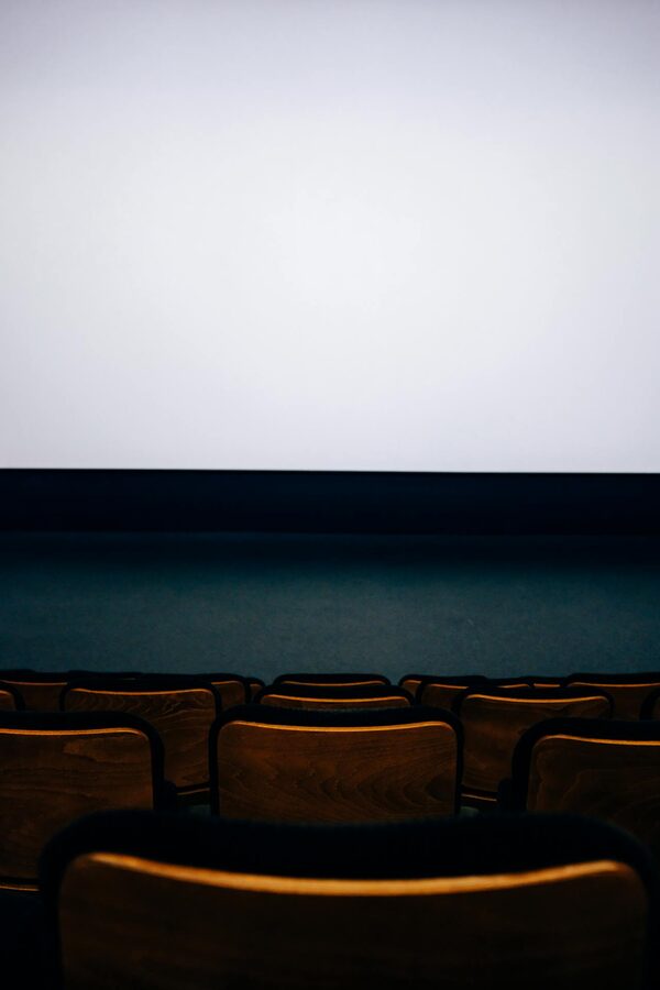 Modern empty cinema with rows of wooden seats and blank screen