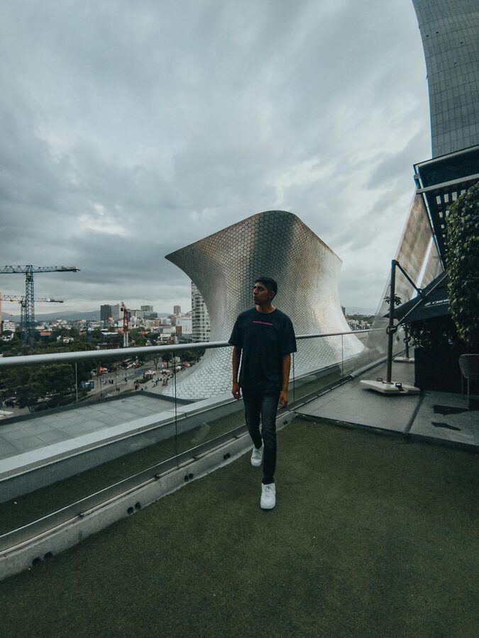 Modern museum rooftop terrace with city views