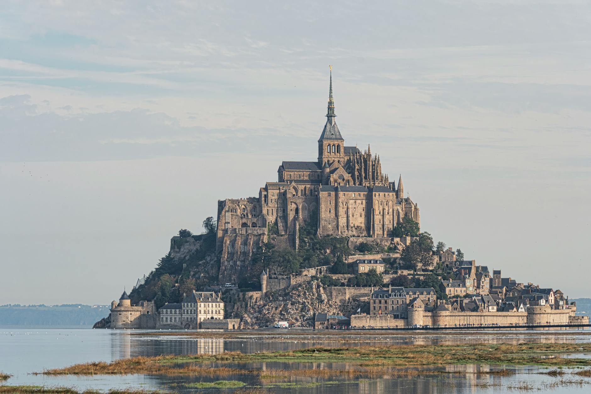 Mont Saint-Michel Abbey viewed at dusk in historic Normandy