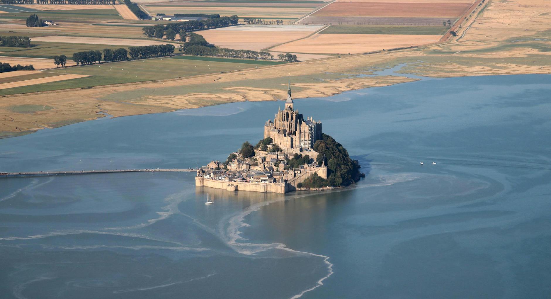 Aerial view of Mont Saint-Michel UNESCO site in Normandy
