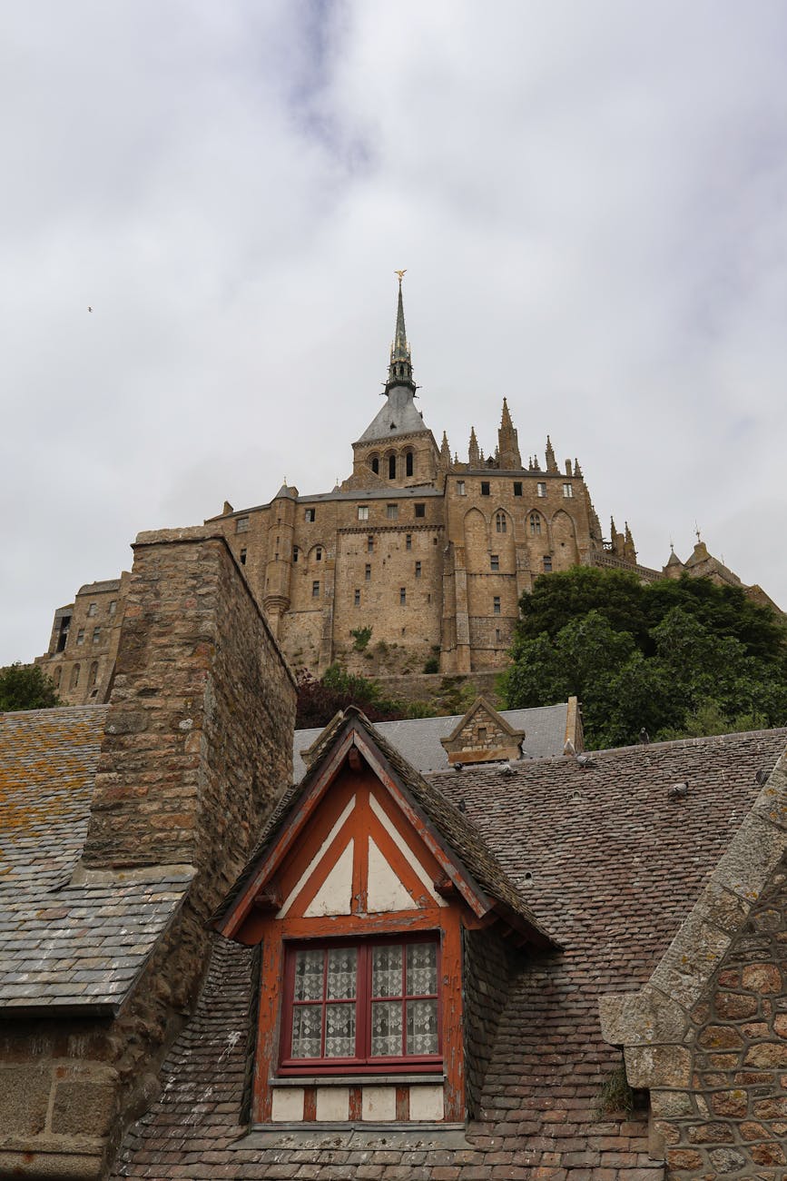 Medieval architecture of Mont Saint-Michel buildings in Normandy