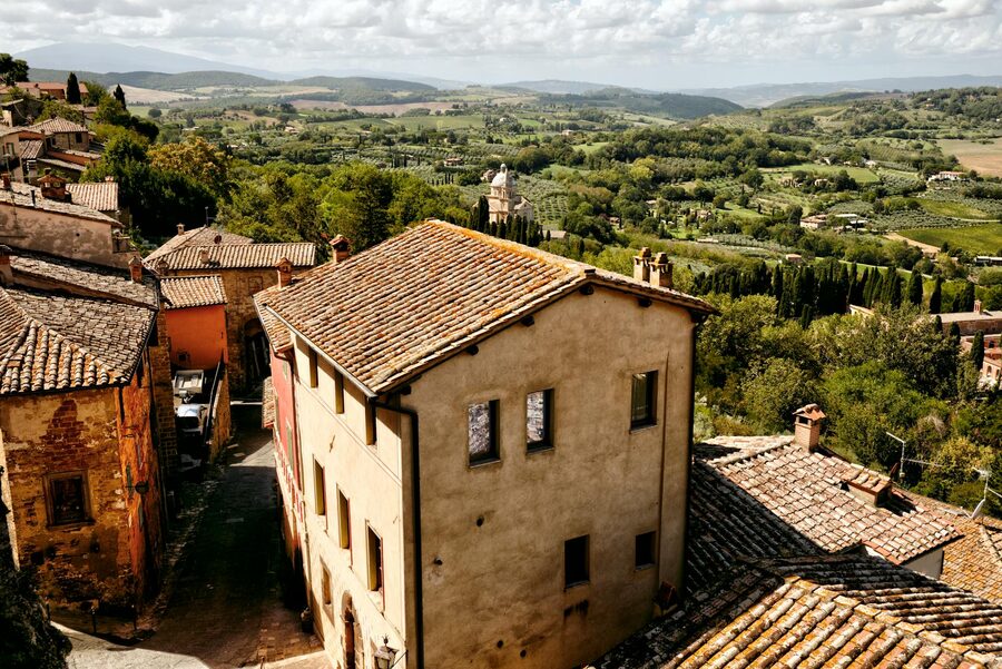 Aerial view of Montepulciano rustic rooftops