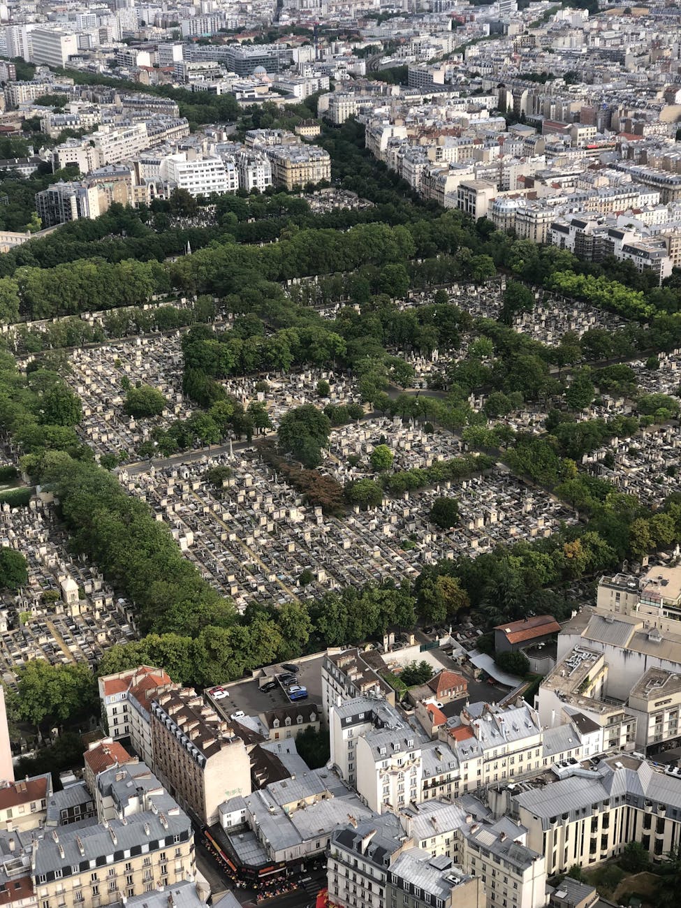 Aerial view of Montparnasse Cemetery in Paris with cityscape