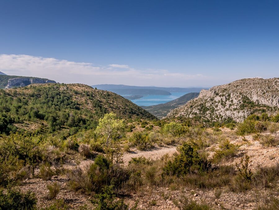 Hills and lake landscape near Moustiers-Sainte-Marie village in Provence