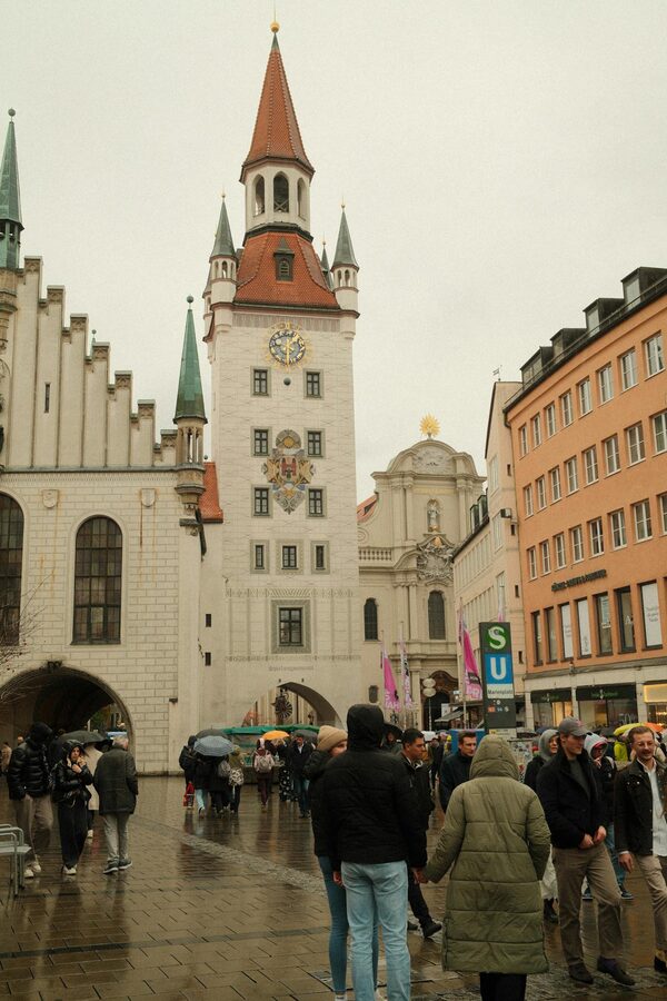 Munich Old Town on a rainy day with pedestrians