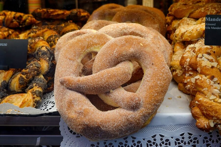 Fresh Bavarian pretzels and pastries in bakery