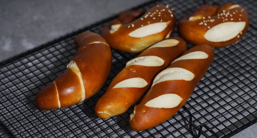 Freshly baked Bavarian pretzels cooling