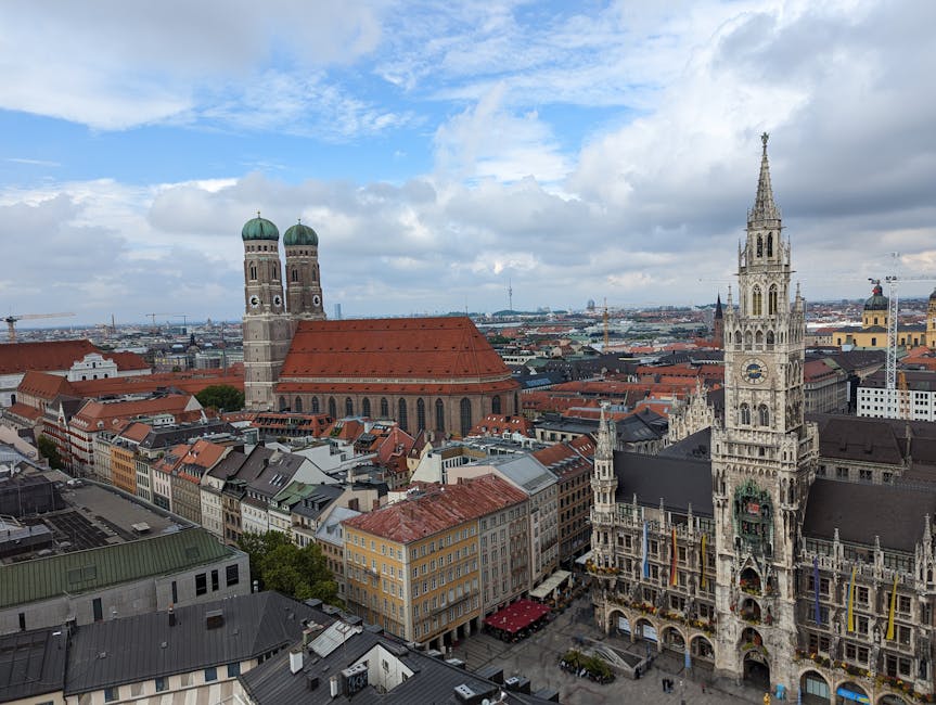 Aerial view Munich Marienplatz with cathedral