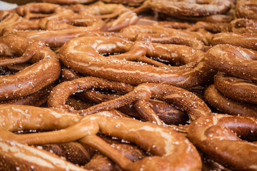Heap of freshly baked Bavarian pretzels