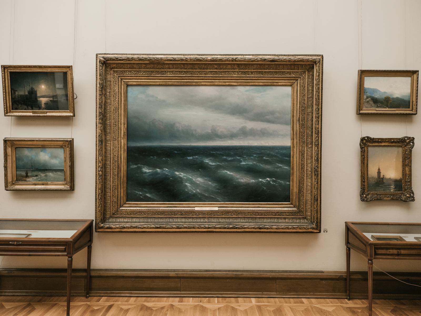 Elegant seascape painting in a classic art gallery with vintage frames