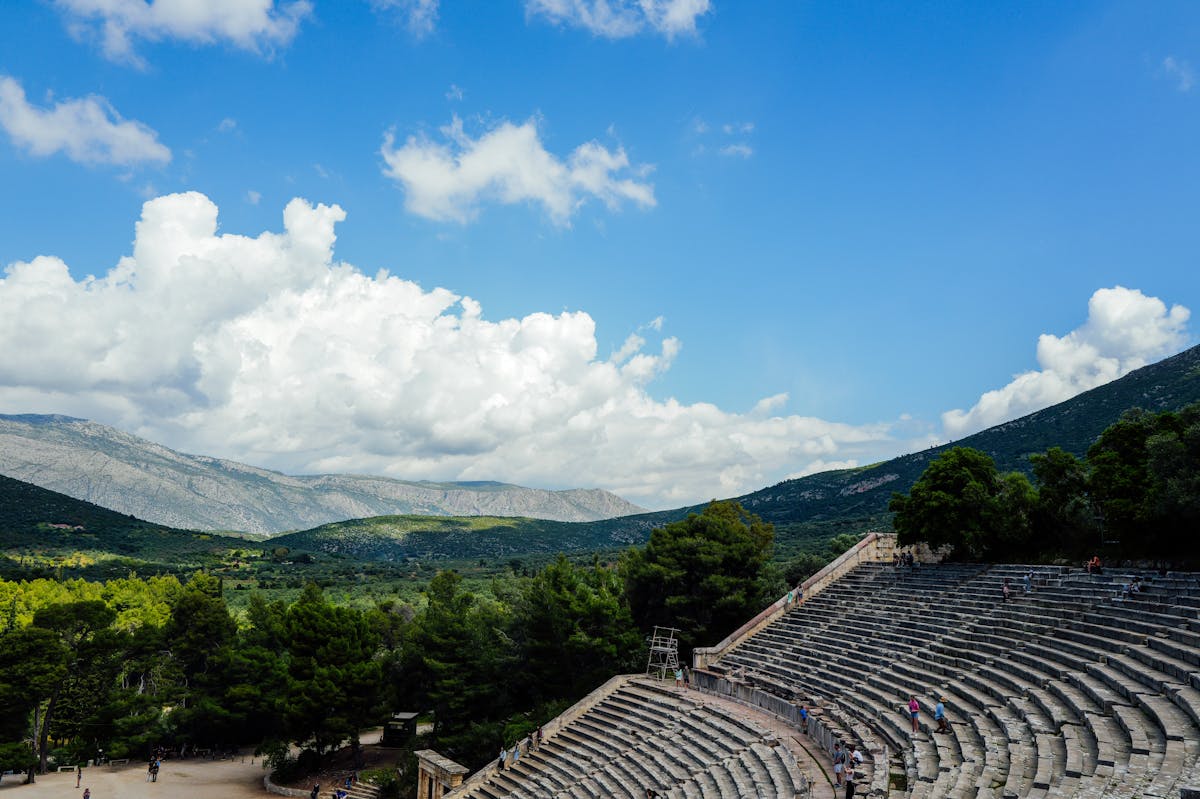 Aerial view of the Epidaurus archaeological area surrounded by mountains